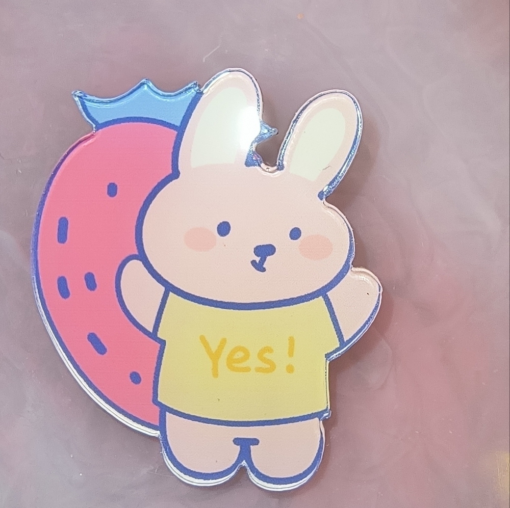 Women’s Jewelry Cute Bunny Wearing Yellow ‘Yes!’ Tee Enamel Pin with Strawberry